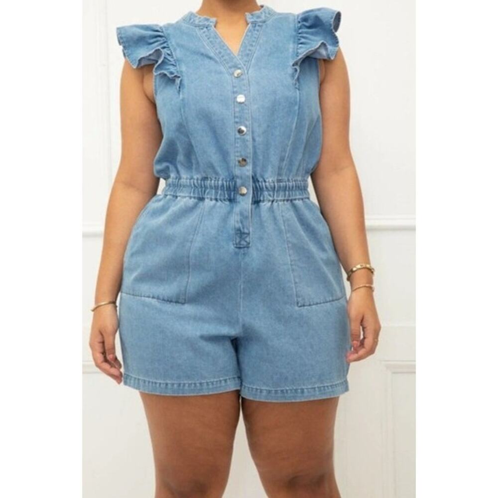 Eloquii Elements Size 20 Denim Romper Jumper Playsuit Cotton Blue Ruffle